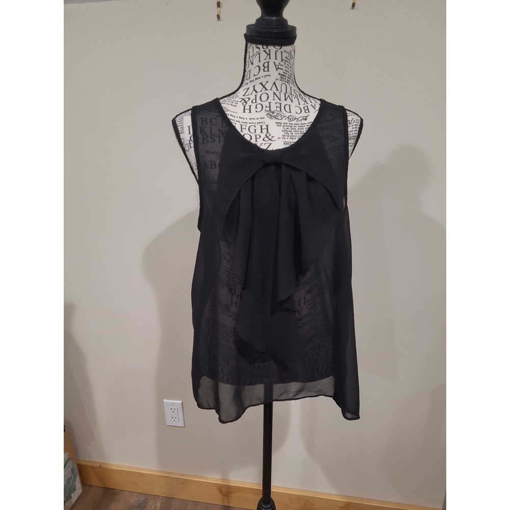 BCX Women SZ L Black Semi Sheer Tank w/ detail tiered front ruffle layer feminin